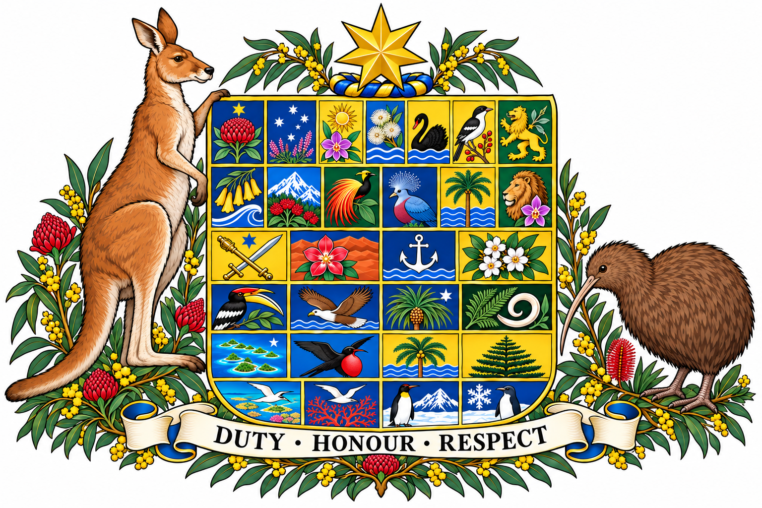 Clean national arms with kangaroo, kiwi, Federation Star and twenty-nine local badges
