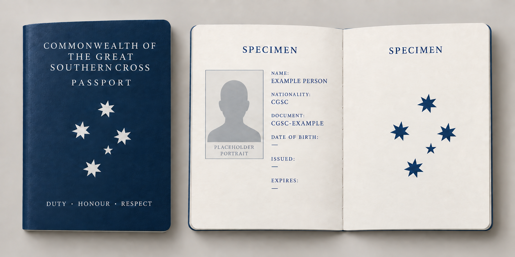 Navy-blue CGSC passport and an open specimen page, with a placeholder portrait and example details.